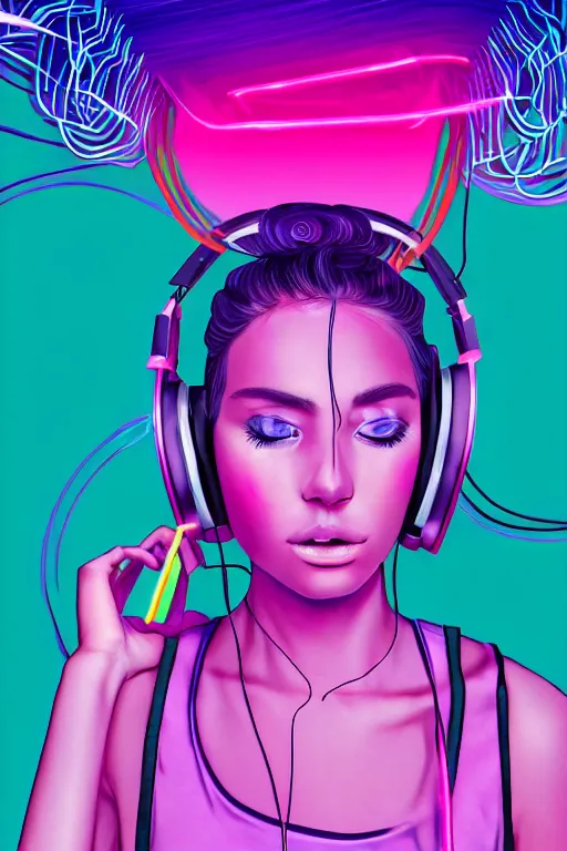 Image similar to a award winning half body portrait of a beautiful woman with stunning eyes in a croptop and cargo pants with ombre purple pink teal hairstyle with headphones on her ears by thomas danthony, surrounded by whirling illuminated lines, outrun, vaporware, shaded flat illustration, digital art, trending on artstation, highly detailed, fine detail, intricate