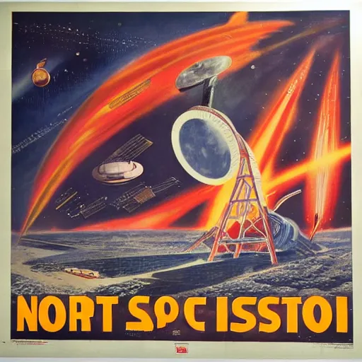 Image similar to [North Korean space mission, 1950 poster, very detailed, cinematic lighting, matte, sharp, photography]