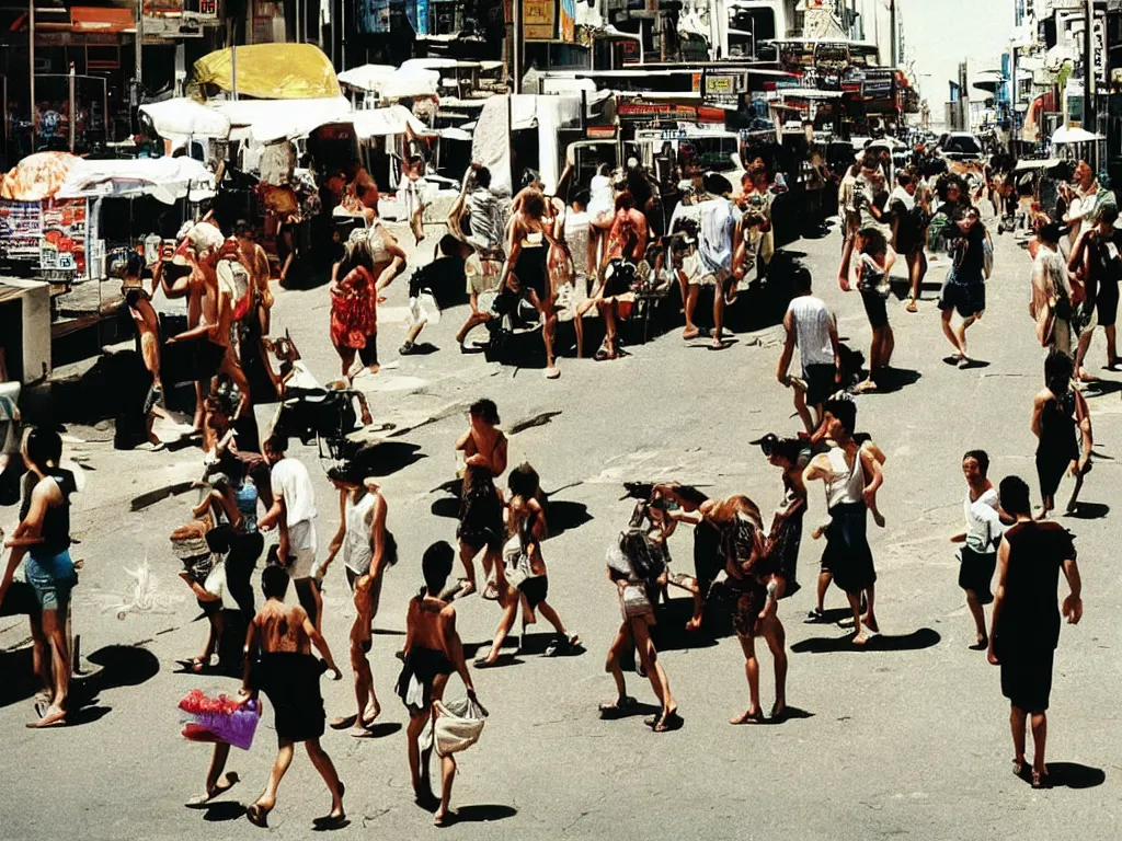 Image similar to color photography in a busy street in a heatwave, by trent parke and gruyaert