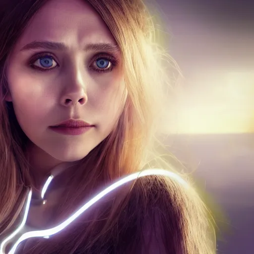 Prompt: beautiful centered Fine art photo portrait of enraptured Elizabeth Olsen as a solarpunk robotic humanoid, white mechanical parts with led lights, photorealistic, white background, highly detailed and intricate, sunset lighting, HDR 8k