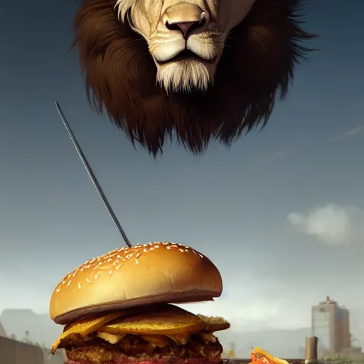 Image similar to commission of a male anthropomorphic albino lion eating an oversized hamburger,digital art,art by greg rutkowski,trevor henderson,ross tran,photorealistic,hyperdetailes,highly realistic,natural lighting,deviantart,artstation,dramatic,cinematic,4k,western comic style