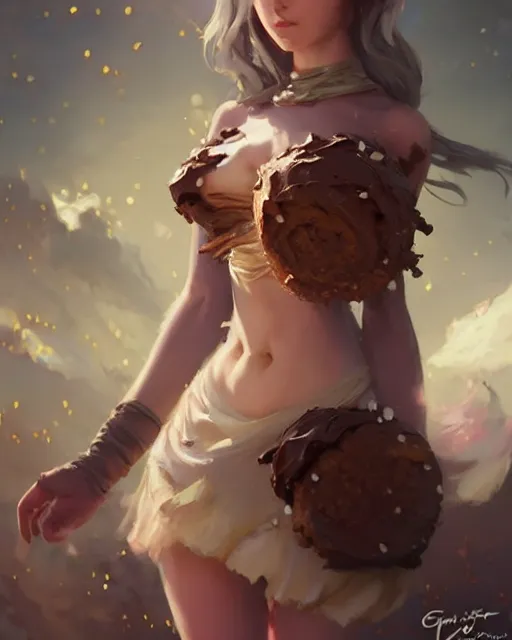 Prompt: a ( girl as personification of chocolate cupcake ), fantasy bakery, digital painting by greg rutkowski, artgerm, krenz cushart, laurie greasly, wlop, intricate, highly detailed!!, sharp focus, smooth, epic composition, joyful, unreal engine, masterpiece, 8 k