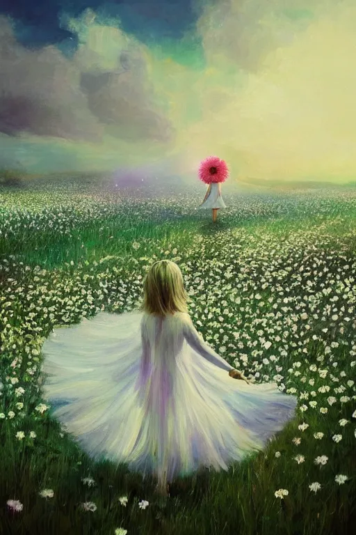 Image similar to giant white daisy flower veil, girl dancing in a flower field, surreal photography, sunrise, dramatic light, impressionist painting, colorful clouds, digital painting, artstation, simon stalenhag