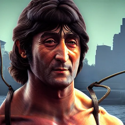 Image similar to john lennon as rambo, ultra realistic, concept art, intricate details, highly detailed, photorealistic, octane render, 8 k, unreal engine, art by frank frazetta, simon bisley, brom