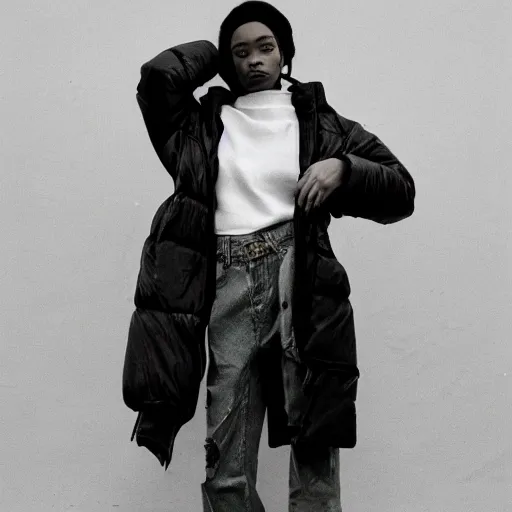 Image similar to realistic! photoshoot for a new vetements lookbook, color film photography, portrait of a beautiful woman, model wearing a puffer jacket, in style of tyler mitchell, 35mm