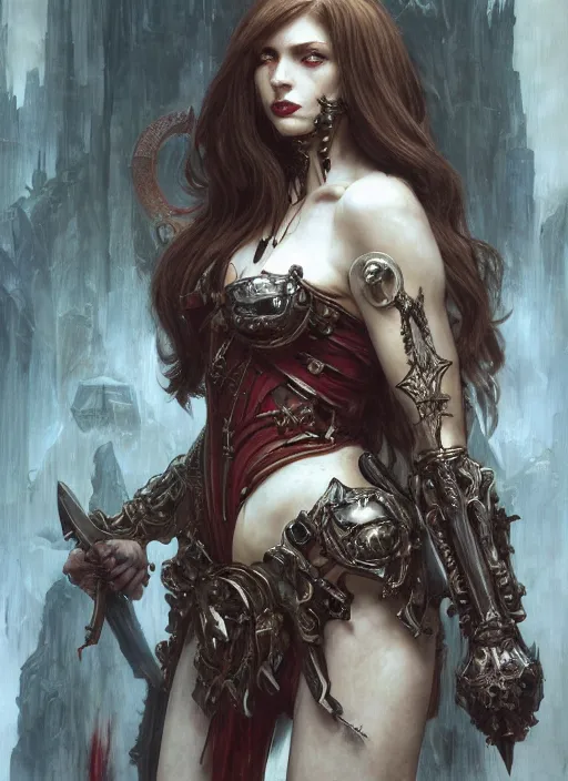 Image similar to portrait of beautiful pale gothic muscular maiden with sword, covered in blood, warhammer 40000, cyberpunk, intricate, elegant, highly detailed, digital painting, artstation, concept art, smooth, sharp focus, illustration, art by artgerm and greg rutkowski and alphonse mucha and Gustav Klimt and Ilya Kuvshinov