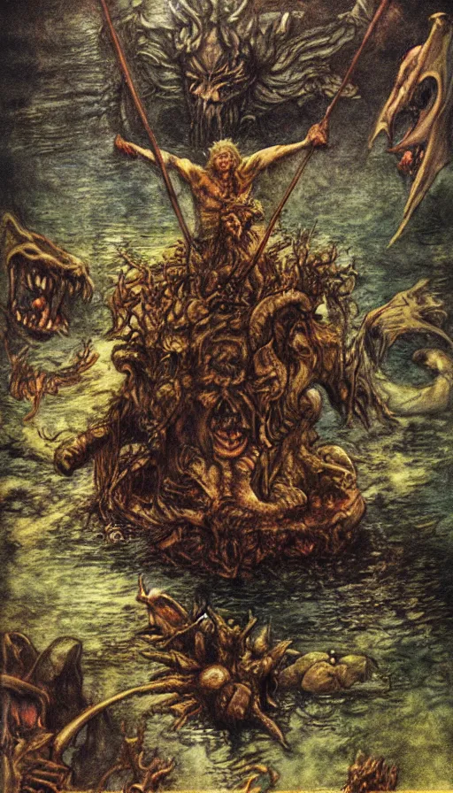 Prompt: man on boat crossing a body of water in hell with creatures in the water, sea of souls, by brian froud