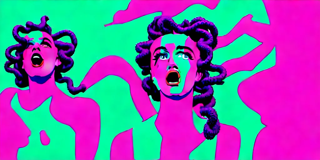 Prompt: modern sculpture, young woman as medusa as miranda sings, multiple poses, vaporwave, distorted vhs still