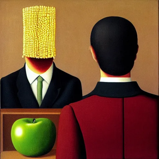 Image similar to The Son of Man painting by Rene Magritte but with an corn cob instead of an apple