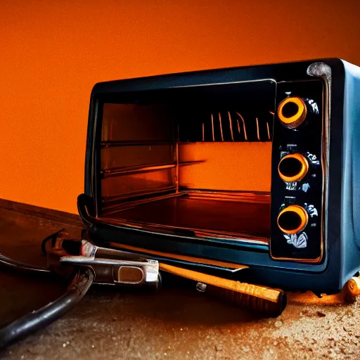 Image similar to toaster oven hanging by metallic cables, symmetry, dark messy smoke - filled cluttered workshop, dark, dramatic lighting, orange tint, sparks, cinematic, highly detailed, sci - fi, futuristic, movie still