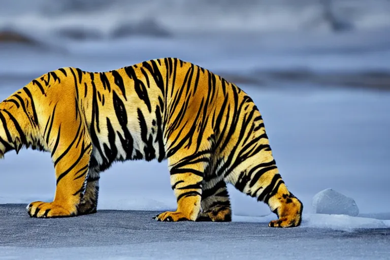 Image similar to a tiger polar bear!!! hybrid! hyper realistic!! realistic lighting!! wildlife photographer of the year!!! bold natural colors, national geographic, hd, wide angle, 8 k