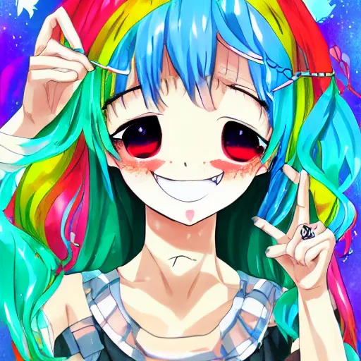 Image similar to digital 2 d, illustration, anime & manga, stylized, anime, colorful, smile, kawaii, decora, harajuku, grills, teeth, jewelry, bandaid, bandage, green hair, freckles, nails, nail art, fashion, stylish, rainbow