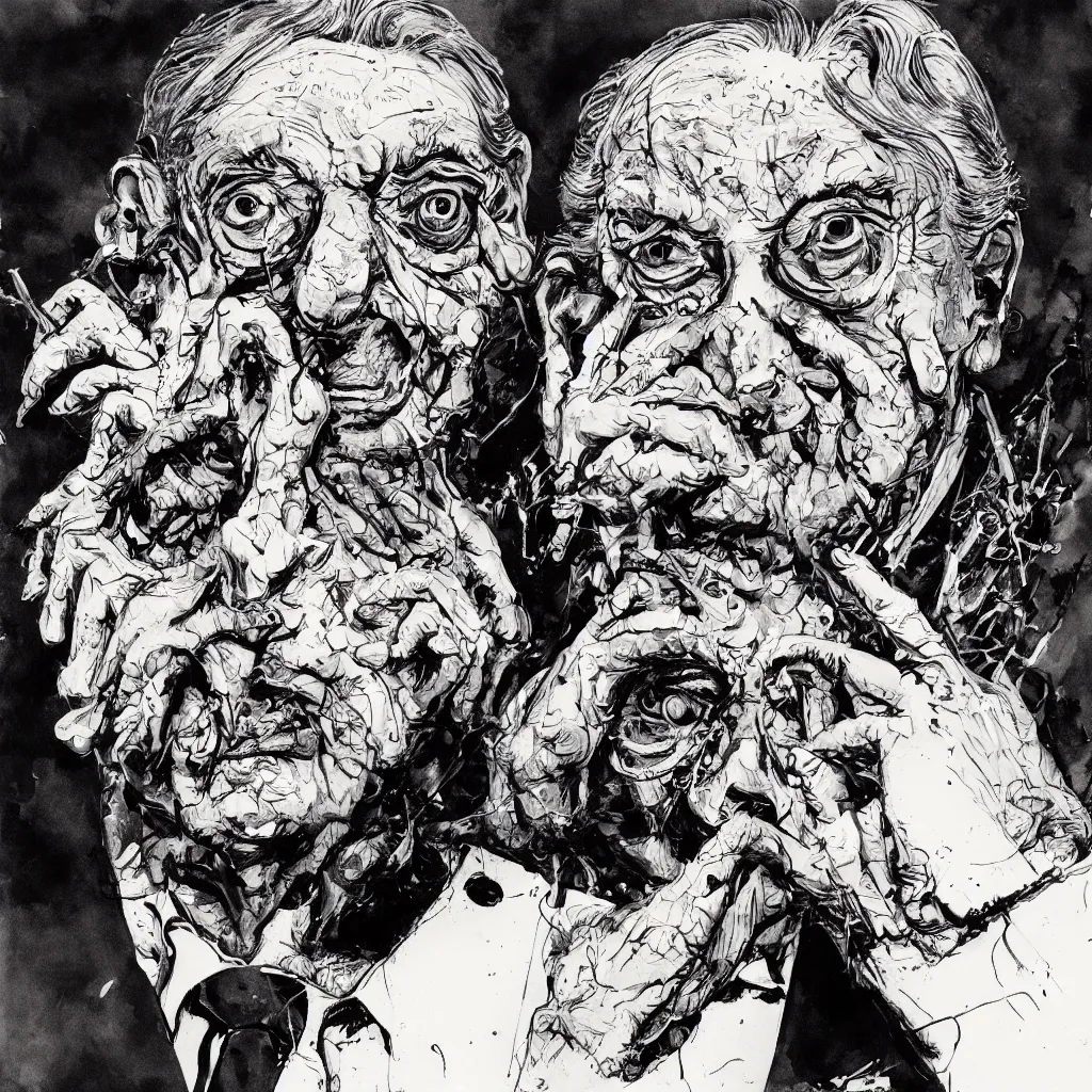 Image similar to George Soros by Ralph Steadman, illustration, body horror, biopunk, 8k , trending on artstation