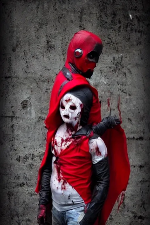 Image similar to red hood cosplay, creepy, disturbing, bloody, darkness, grainy