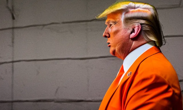 Prompt: full shot of donald trump wearing an orange jump suit, crying in a dirty jail cell in guantanamo, photograph, realistic, dramatic lighting