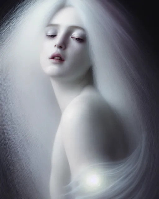 Image similar to soft, dreamy, subsurface scattering, white, young beautiful goddess in cosmos with very long white hair floating in air, fluid smoke art, black and white, octane render, dino valls, mark ryden, joe fenton, michal karcz, highly detailed, rim light, art, cinematic lighting, very coherent, hyper realism, 8 k