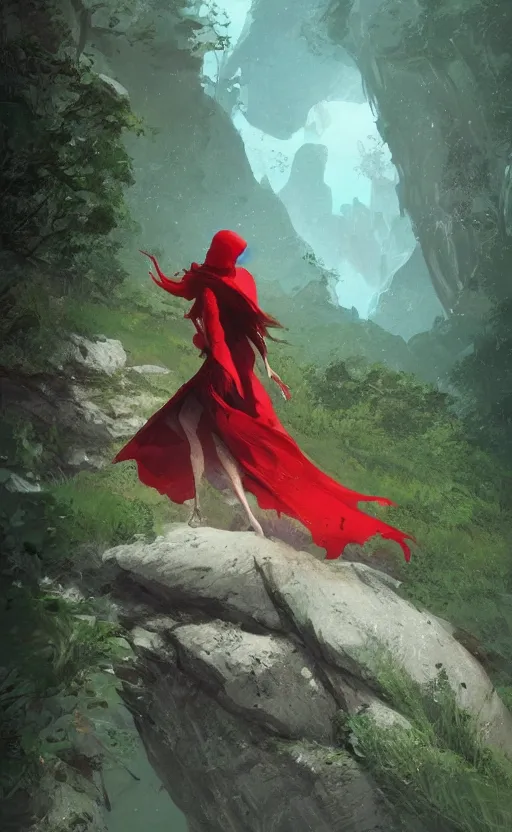 Image similar to a beautiful illustration of a woman with red hood walking between rocks, by greg rutkowski, digital artwork, artstation, cgartists, conceptartworld, deviantart, magic the gathering artstyle, floating magical rocks, lush green meadow