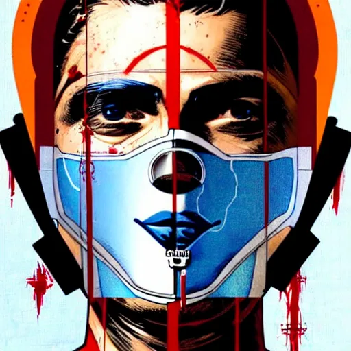 Prompt: a profile photo of an saint with a diving oxygen mask with side profile blood in ocean intricate details by MARVEL comics and Sandra Chevrier-C
