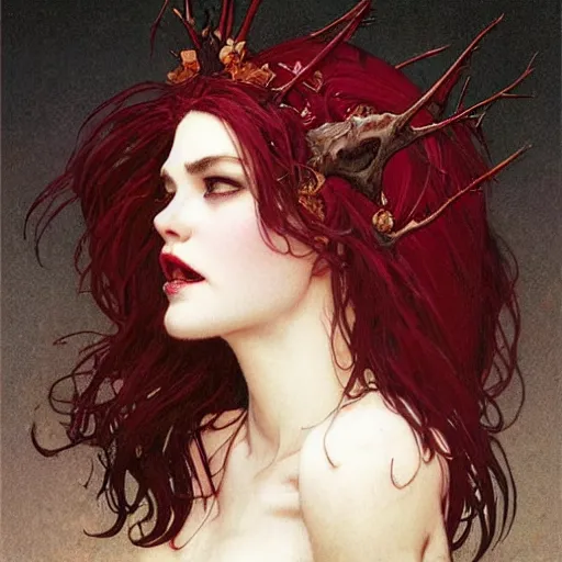 Prompt: portrait of a menacing beautiful vampire, head only, headshot, by Stanley Artgerm Lau , greg rutkowski, thomas kindkade, alphonse mucha, loish, norman rockwell, J. C. Leyendecker. hair waving in the wind, pale skin, sinister complexion, thorn crown, image bordered by thorns, thorn background. D&D, fantasy. Trending on artstation rule of thirds extremely detailed illustration hd 4k