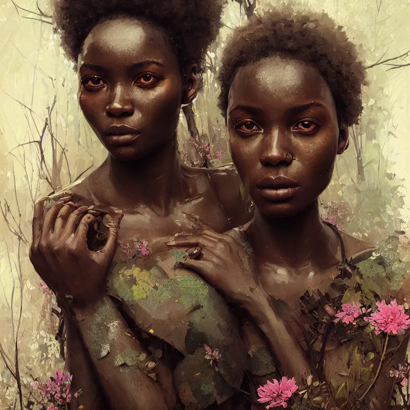 Image similar to detailed portrait of a african woman with beautiful eyes and thick lip forest girl, flowers and trees, by ismail inceoglu dragan bibin hans thoma greg rutkowski alexandros pyromallis nekro rene maritte illustrated, perfect face, fine details, realistic shaded, fine - face, pretty face