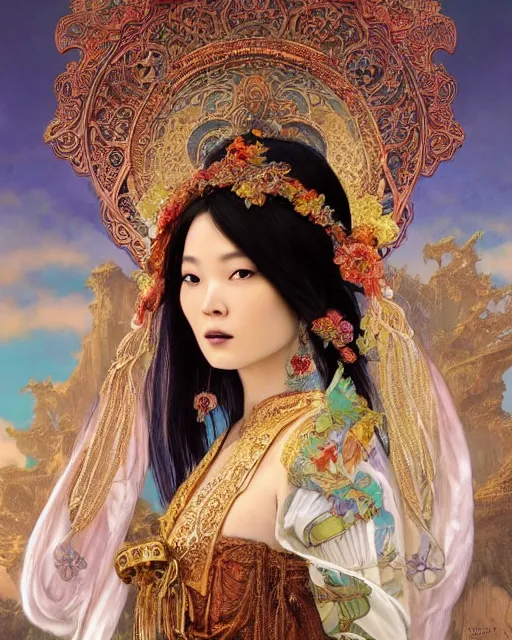 Image similar to a beautiful intricate exquisite imaginative exciting northern close up portrait of an asian sorceress sitting with elegant looks, flowing robe, ornate and flowing, intricate and soft by ruan jia, tom bagshaw, alphonse mucha, krenz cushart, beautiful chinese architectural ruins in the background, epic sky, vray render, artstation, deviantart, pinterest, 5 0 0 px models