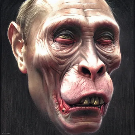 Image similar to portrait of vladimir putin, monkey putin face hybrid, vladimir putin face, vladimir putin transformation, macabre, horror, by donato giancola and greg rutkowski and wayne barlow and zdzisław beksinski, realistic face, visible face, digital art