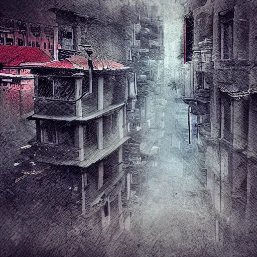 Image similar to nepal, gloomy, dystopian, digital art