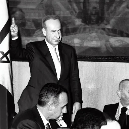 Image similar to photo of yitzhak rabin pointing at benjamin netanyahu on the background of the knesset, 5 0 mm, beautiful photo