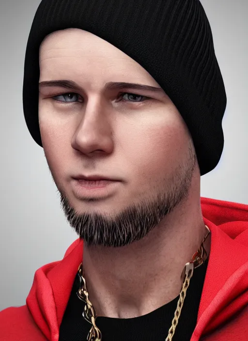 Image similar to portrait of a lithuanian man wearing a red beanie and sleeveless hoodie, gold necklace, highly detailed, realistic, studio quality, studio photo, studio lighting, trending on artstation, sharp focus, 4 k