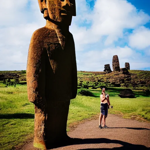 Prompt: a man holding an ice cream cone with a moai 🗿 in it, 4 k photograph