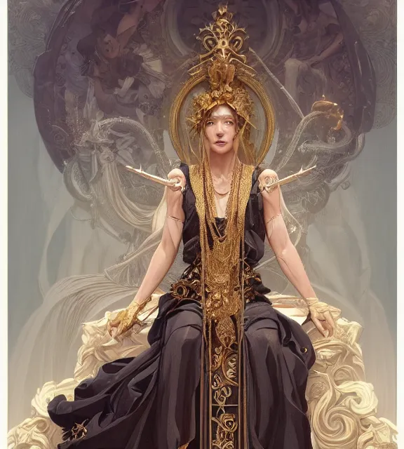 Image similar to god of death and rebirth, elegant dress, very detailed, sat on a throne, very intricate details, elaborate long hairstyle, cinematic, artstation, alphonse mucha, greg rutkowski, rossdraws, octane render