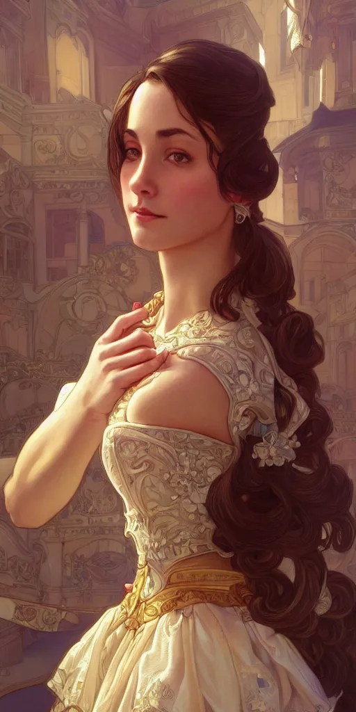 Prompt: mayors beautiful daughter, elegant dress, town hall, intricate, highly detailed, digital painting, artstation, concept art, smooth, sharp focus, illustration, Unreal Engine 5, 8K, art by artgerm and greg rutkowski and alphonse mucha, by Jesper Ejsing