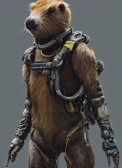 Image similar to detailed full body concept art illustration oil painting of an anthropomorphic capybara death stranding in full intricate clothing, biomutant, dystopian, ultra detailed, digital art, octane render