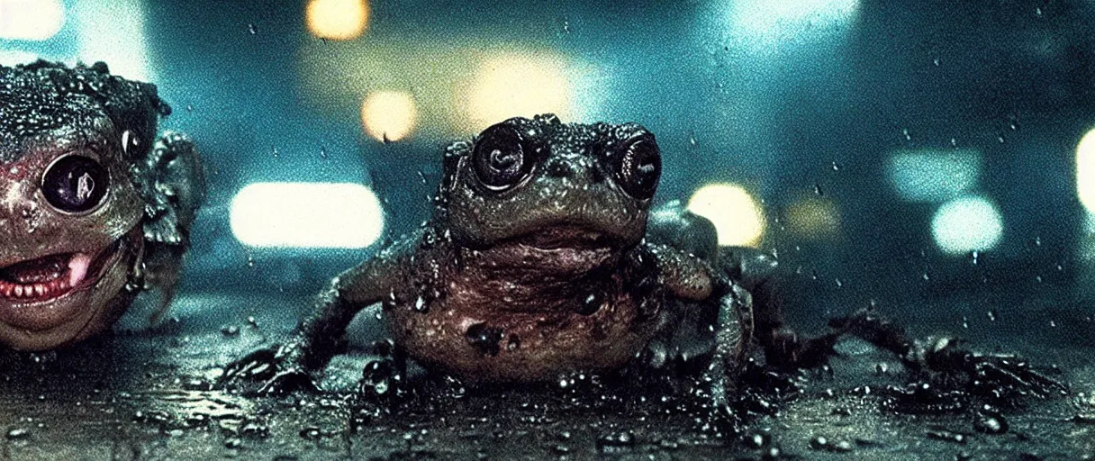 Image similar to Close up of a happy Lepidobatrachus laevis facing the camera in a still from the movie Blade Runner (1982), high quality, rain, rain drops, cold neon lighting, 4k, night, award winning photo, beautiful