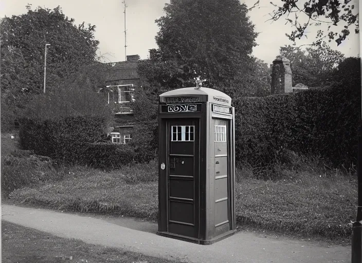 Image similar to photo of a metropolitan police box in suburban london, police box, 1930s, sepia, wide shot