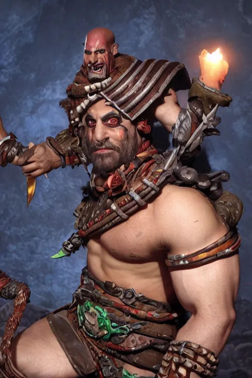 Image similar to Travis Willingham as Grog Strongjaw from Vox Machina, Dungeons and Dragons Goliath Barbarian, realistic cinematic shot, subtle fog and mood lighting