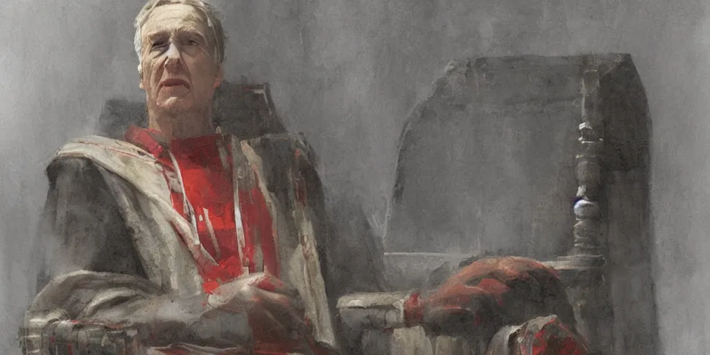 Image similar to the end is near. a tired julius caesar is sitting on his throne. face is highly detailed. splices of red are running down his toga. mist. color scheme red. low angle medium shot. imagined by jeremy lipking