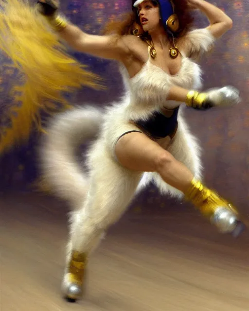 Image similar to a buff white female anthro wolf skating at a roller derby, 4 k, furaffinity, fursona, trending on artstation, energetic, speed, motion blur, by gaston bussiere, craig mullins, j. c. leyendecker, gustav klimt, artgerm, greg rutkowski, alphonse mucha