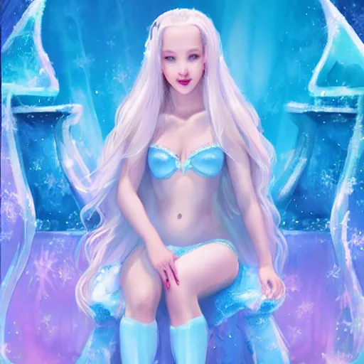 Image similar to dove cameron as an ice princess sitting on her ice throne in her ice castle wearing a bikini, ice, frost, white beautiful hair, cold colours, digital art, illustration, concept art by jason chan
