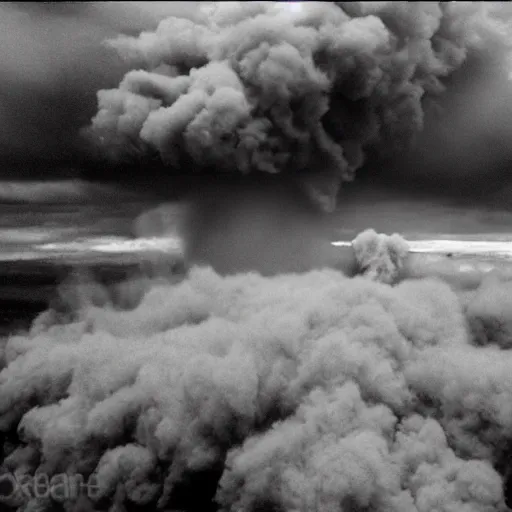 Image similar to combat drone strike war footage, ir, infrared camera, very high contrast, nuclear cloud, high angle vertical, dirty, grainy, noisy, bad drone camera, airwaves, static,