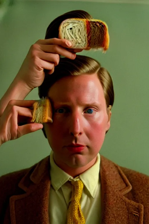 Prompt: beautiful wes anderson movie 3 5 mm film still insanely beautiful, tragically beautiful, only one head single portrait team fortress 2 heavy team fortress 2 heavy team fortress 2 heavy team fortress 2 heavy scout team fortress 2 heavy holding a sandwich, absurdly beautiful, elegant, photographic ultrafine hyperrealistic detailed face wes anderson color, vintage, retro,