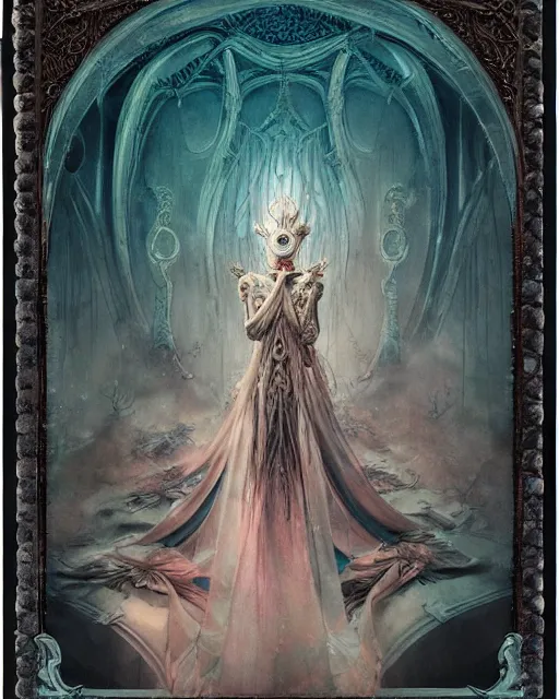 Image similar to a beautiful detailed front view of a dead rotten princess growing ornate baroque, ornamentation, elegant, beautifully soft lit, by wayne barlowe, peter mohrbacher, kelly mckernan, polaroid photography