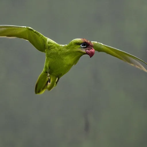 Prompt: gollum - faced bird flying in rain