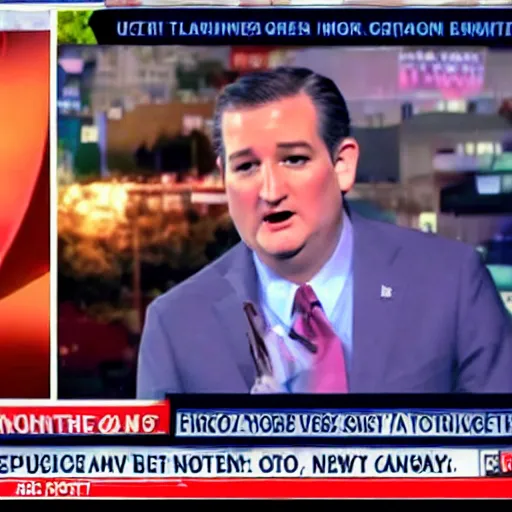 Image similar to ted cruz octopus monster destroys a city, news coverage on local affiliate