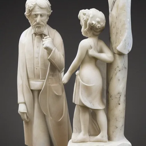 Prompt: Sculpture in marble of a father guiding his daughter