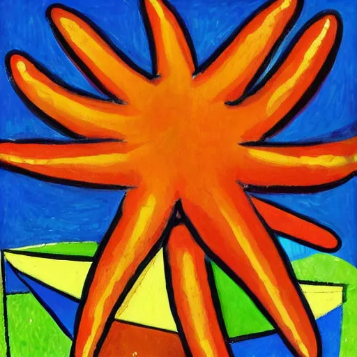 Prompt: a painting of a giant carob starfish with the words carob and starfish in big letters. children in a school band playing nearby. art by picasso