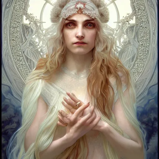 Image similar to goddess with two faces, one face sad, one face happy, long hair, white hair, ethereal, intricate, elegant, georgeus, highly detailed, sharp focus, digital painting, by artgerm and greg rutkowski and alphonse mucha