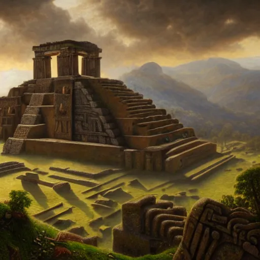 Image similar to a beautiful and highly detailed matte painting of aztec ruins in the mountains, thick mist, sunlight, celtic, psychedelic, epic scale, insanely complex, hyperdetailed, sharp focus, hyperrealism, artstation, cgsociety, 8 k, bright colors, by caspar friedrich, albert bierstadt, james gurney, brian froud,