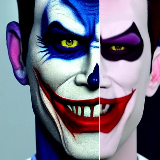 Prompt: selfie of james charles wearing full joker makeup, fine detailed face, stunning 3 d render inspired art by greg rutkowski and xiang duan and thomas eakes, realistic, highly detailed attributes and atmosphere, dim volumetric cinematic lighting, 8 k octane detailed render, post - processing, masterpiece, vignette, soft focus, vibrant colors