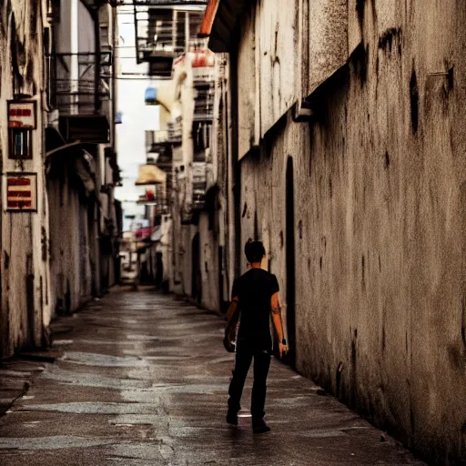 Image similar to photo extreme long shot of floating clothes in a back street, cinematic, depth of field, bokeh, atmospheric, 8k, trending on artstation